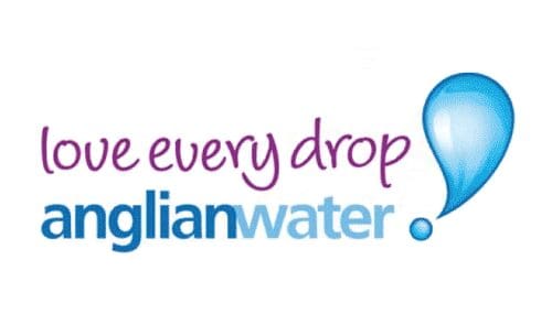 Anglian Water logo has the words love very drop in a mauve colour above the company name which appears in blue. There is a large blue water droplet to the right of the text.