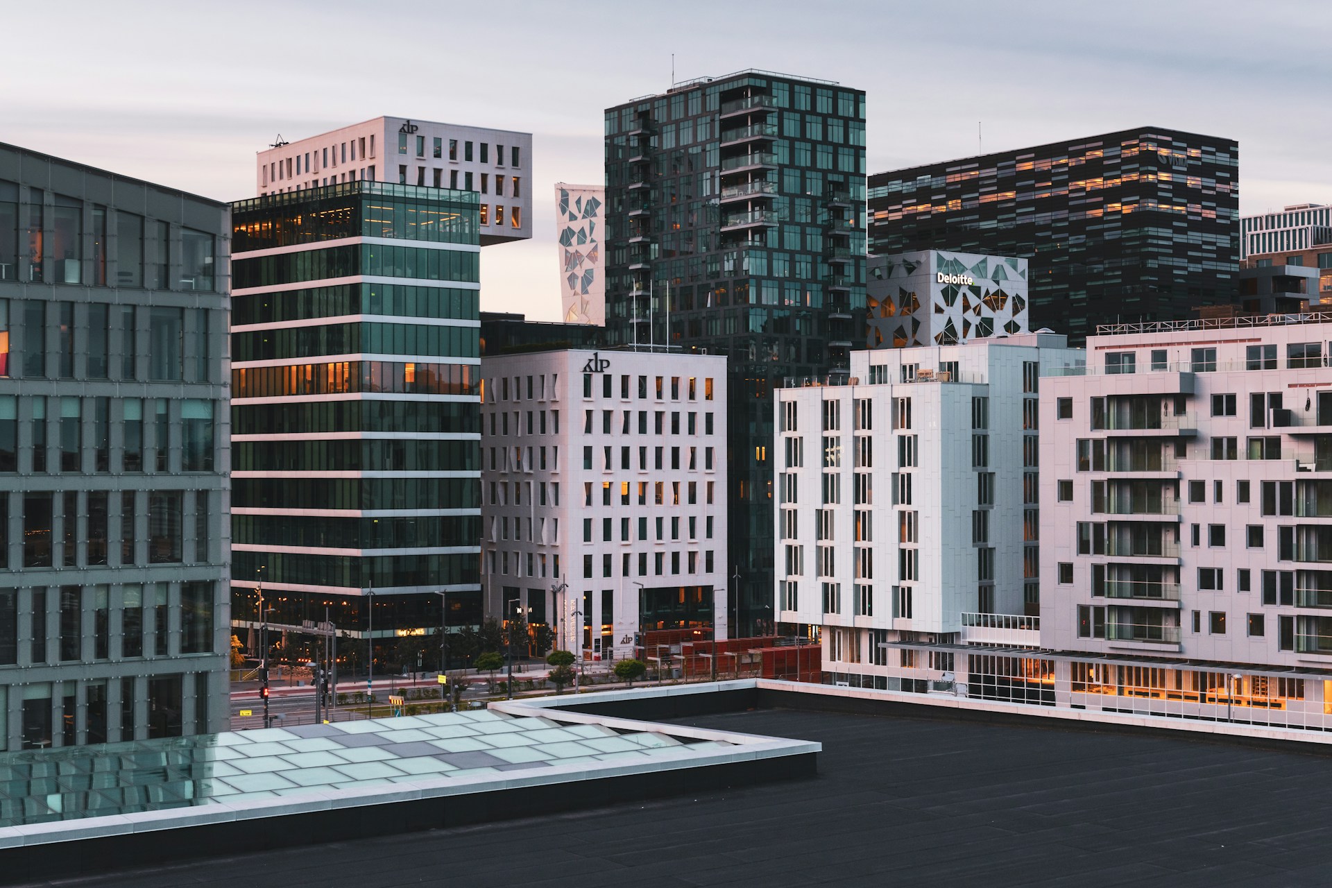 Rectangle buildings in the city of Oslo, black and white.