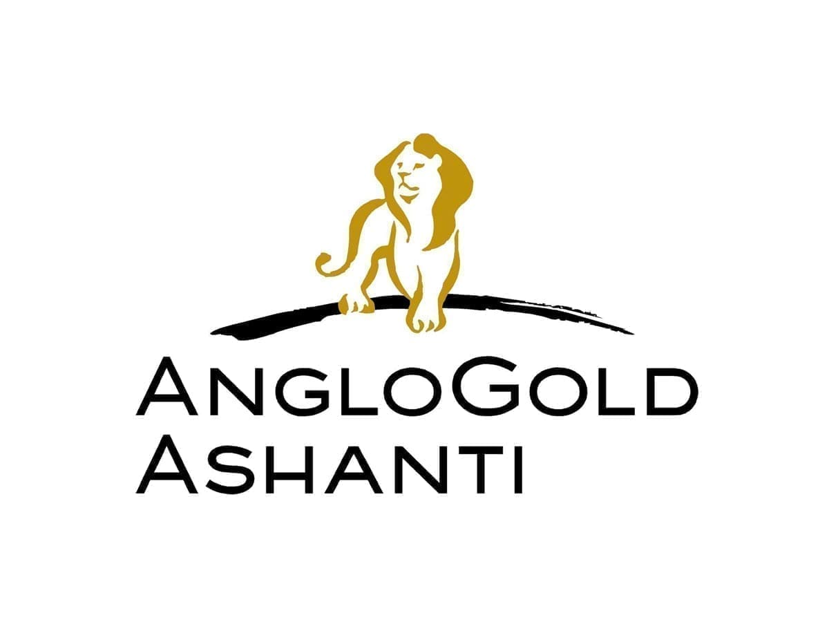 The Anglogold Ashanti logo has the words Anglogold on one line and Ashanti below it in black text. Above the text there is a thin black swoosh and a gold lion.