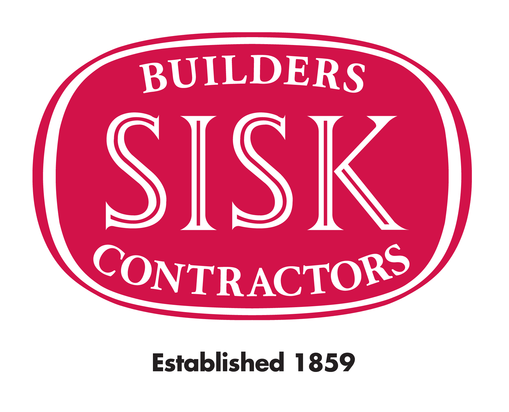 The Sisk logo is a red lozenge with a thin white line inside with the SISK name in white outlined text and the words Builders and Contractors above and below it.
