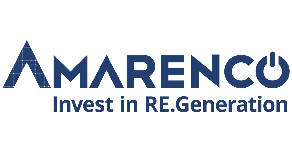 Amarenco logo - blue text with Invest in RE. Generation streamline