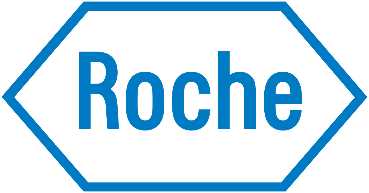 The Roche logo is the word Roche in the middle of an elongated hexagon. The text and the line of the hexagon are in a mid blue. The centre of the hexagon is white. 