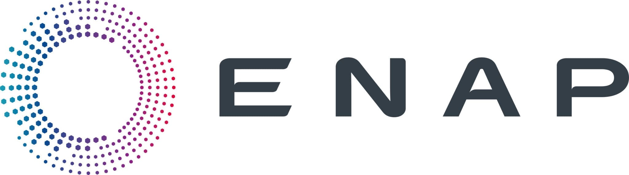 This is the ENAP logo. It is a circle made up of dots that start in a pinky purple at the top of the circle and transition to blue on the left. The letters ENAP appear in dark grey to the right of the mark.