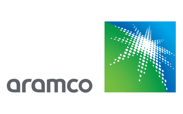 Aramco logo with a green and blue mark. 