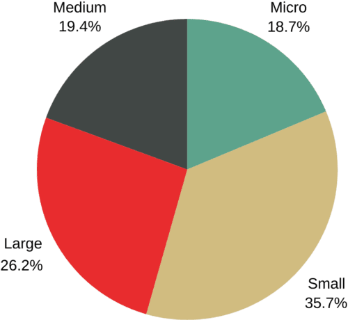 pie chart with 4 sections representing size of business within uvdb