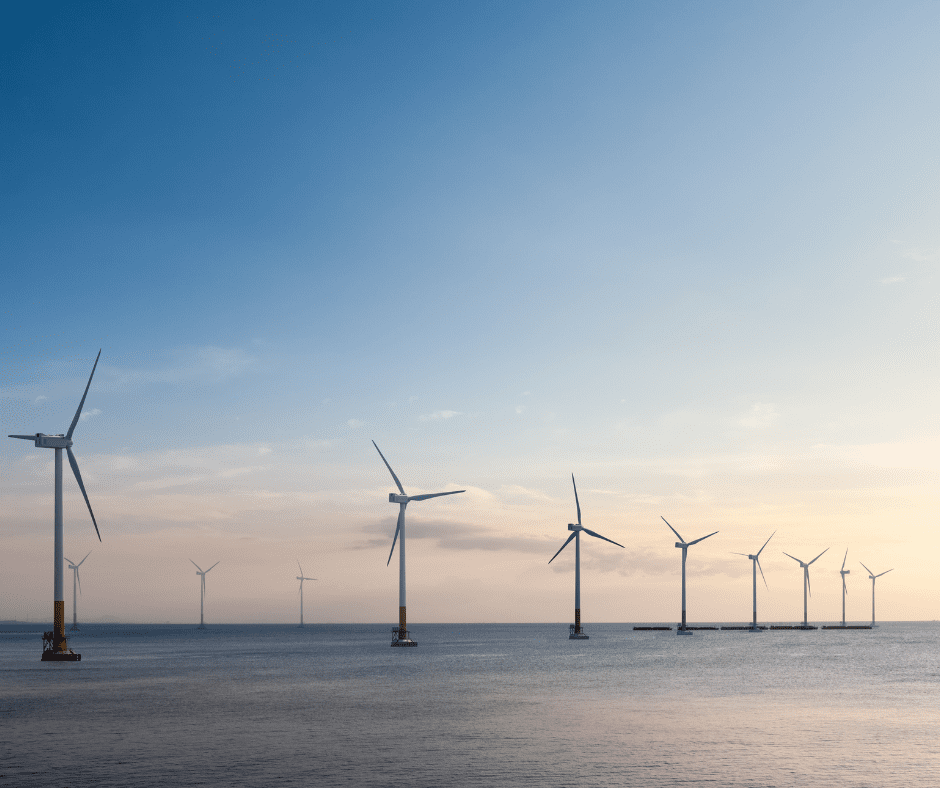 ocean wind power farm at sunset