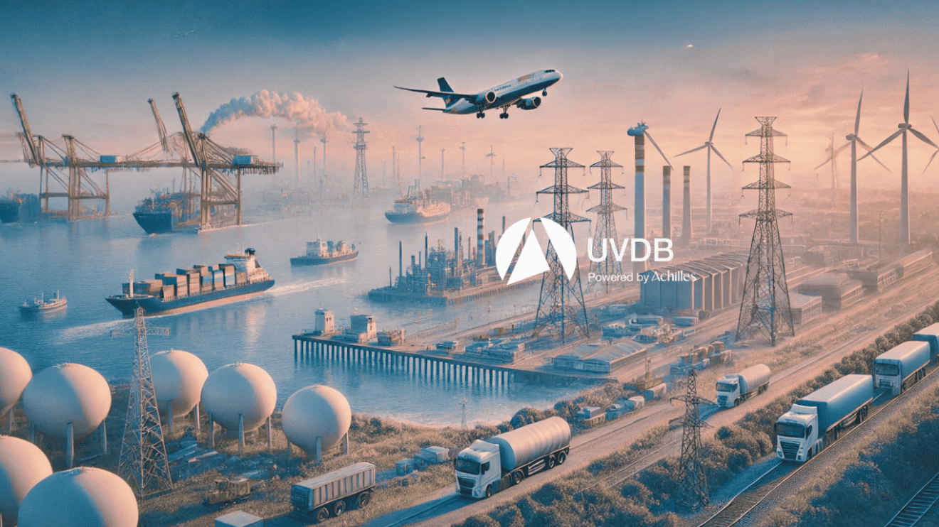 land scape image showing a number of different utilities. airport, rail, power generation and ports