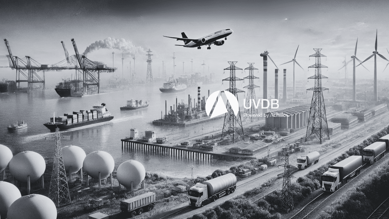 land scape image showing a number of different utilities. airport, rail, power generation and ports