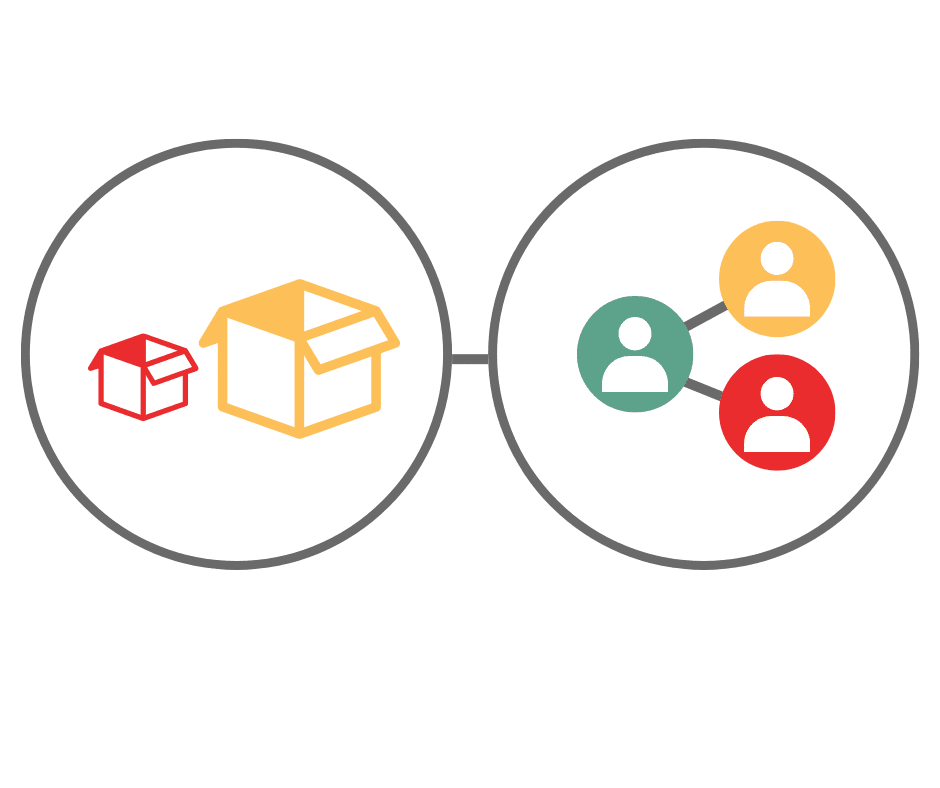 2 círculos lado a lado, um mostrando uma caixa vermelha e verde e o outro mostrando ícones de pessoas