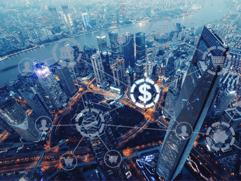 Banking and Finance Cityscape with graphic dollar signs and images overlayed a city view from above.