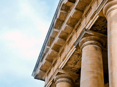 Close up on the top of an ancient Greek law building