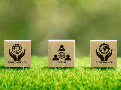 Wooden blocks with environment social and governance with icons for each sat on green grass