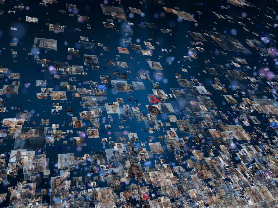 Network Global network made up of hundreds of images of people on a blue background