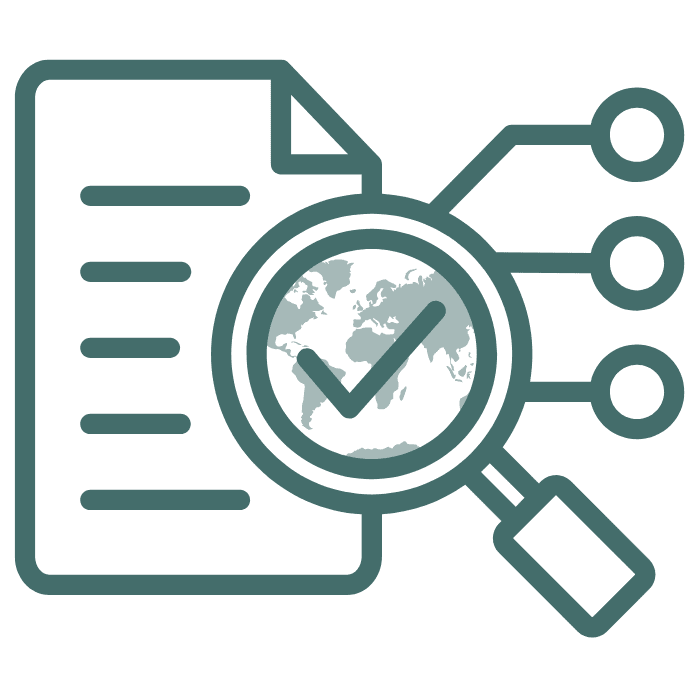 a document with a magnifying glass and a check mark. Green global map overlay