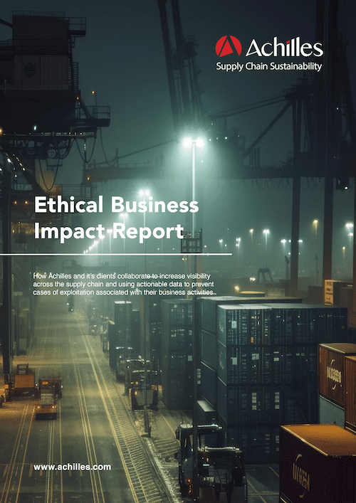 Front cover of the Achilles Ethical Business Impact Report showing a photograph of an international port at night. The port scene is lit by floodlights and blue containers are in the foreground.