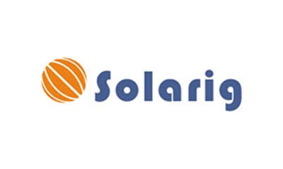 Solarig logo - orange ball and the word Solarig in blue type