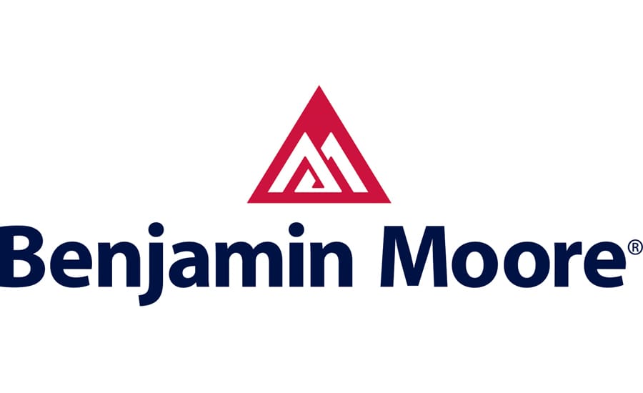 Benjamin Moore logo a red pyramid and the words Benjamin Moore underneath in black type