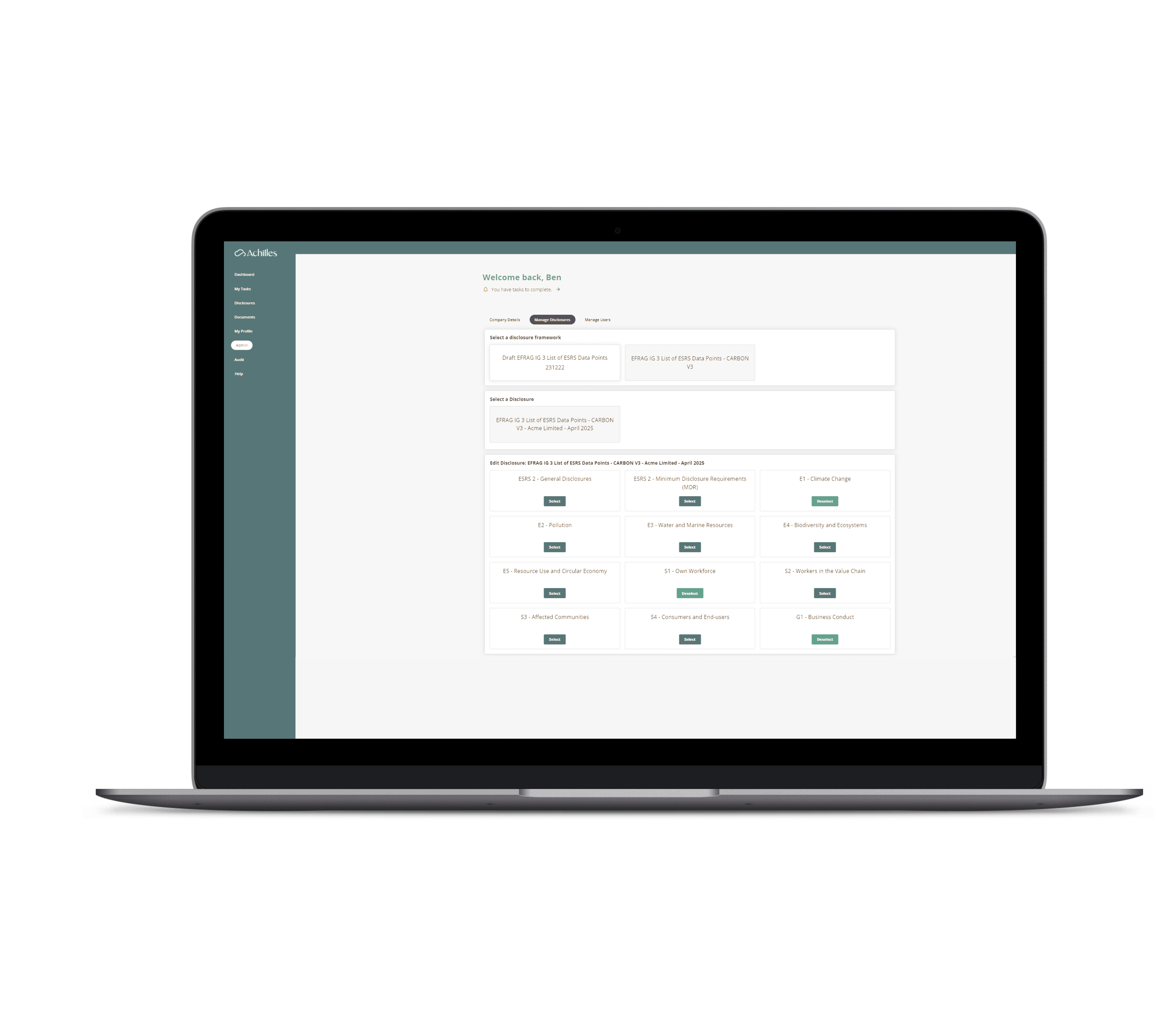 Achilles Comply360 Nonfinancial reporting software screenshot