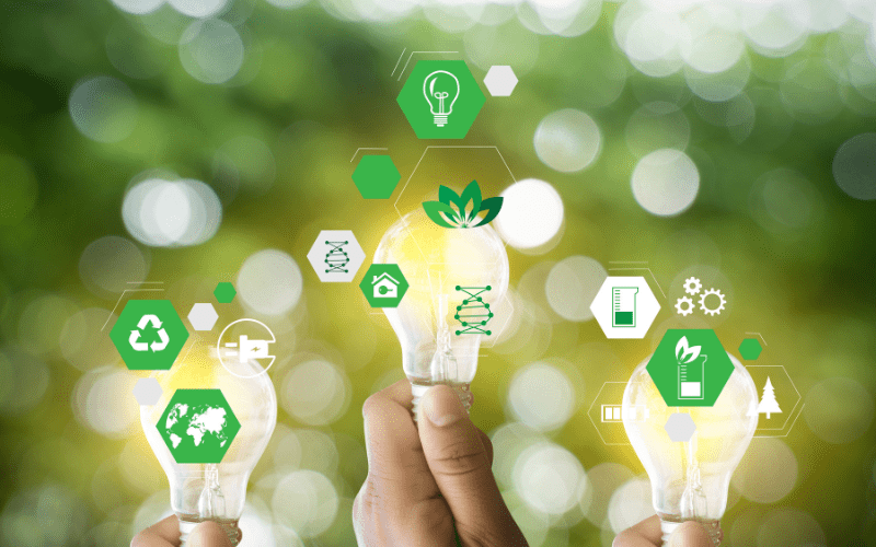 ESG icons float across lightbulbs