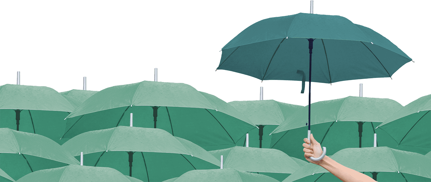 Green umbrellas with a single darker green umbrella held up above the others