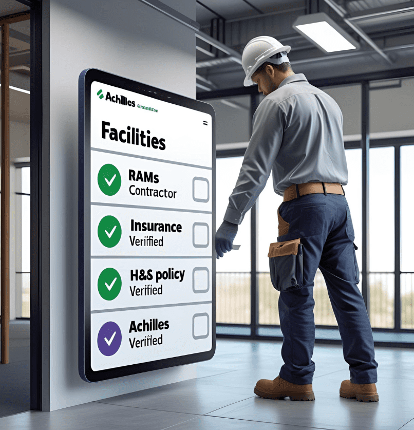 Man dressed in construction outfit pointing at different items on a screen