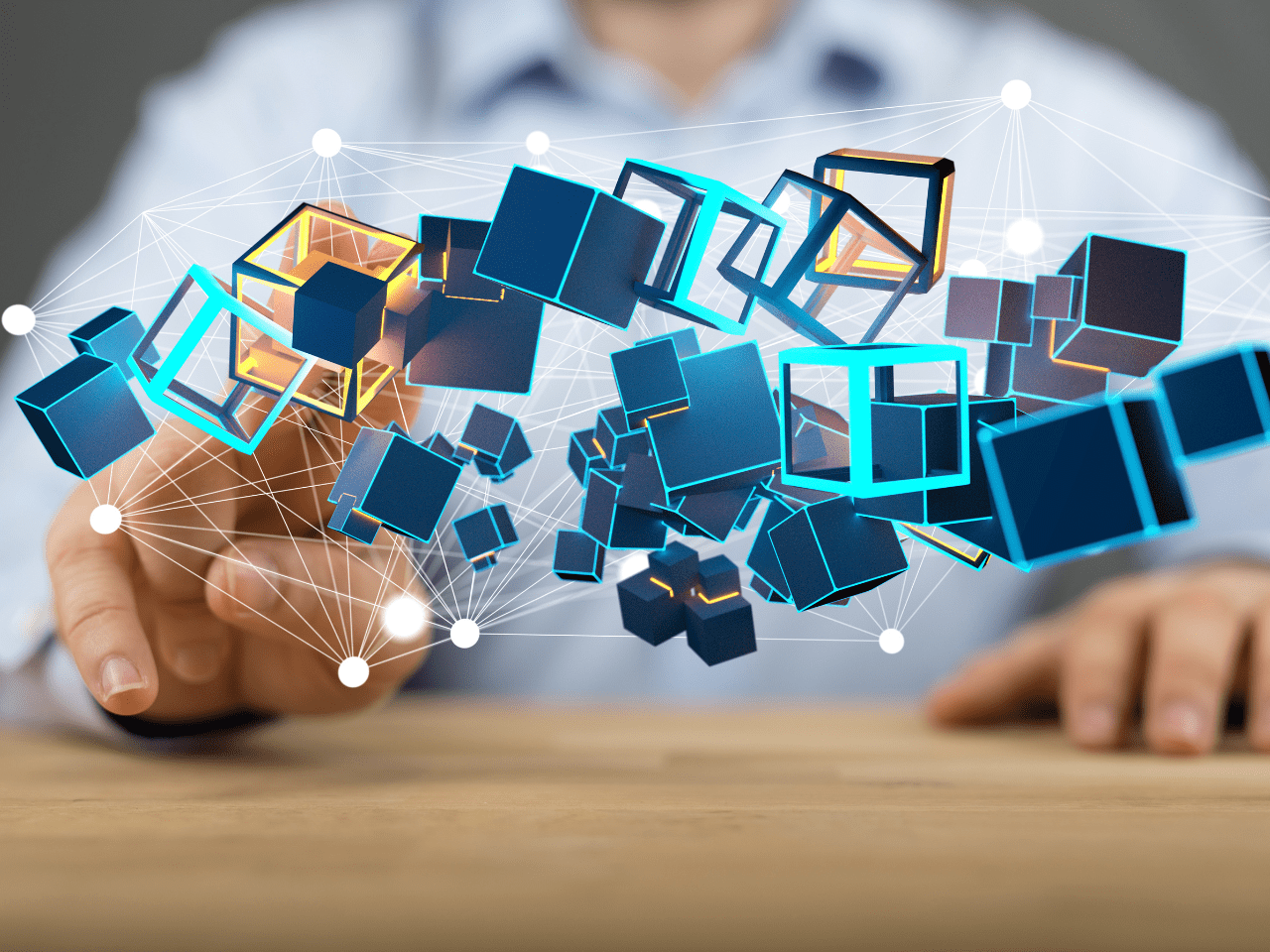 person managing multiple different items at his fingertips