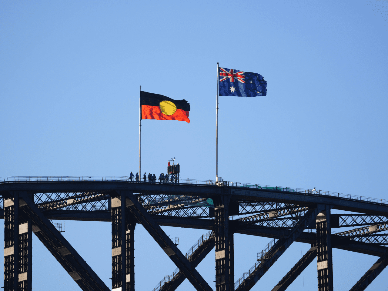 Aboriginal and Australian flags on Sydney Harbour Bridge symbolising unity, governance, and national infrastructure in Australia.