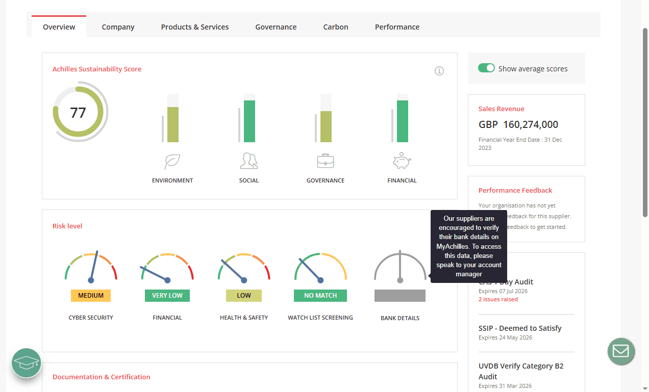 Screenshot showing Supplier Bank Account Verification available from Achilles + DIRO