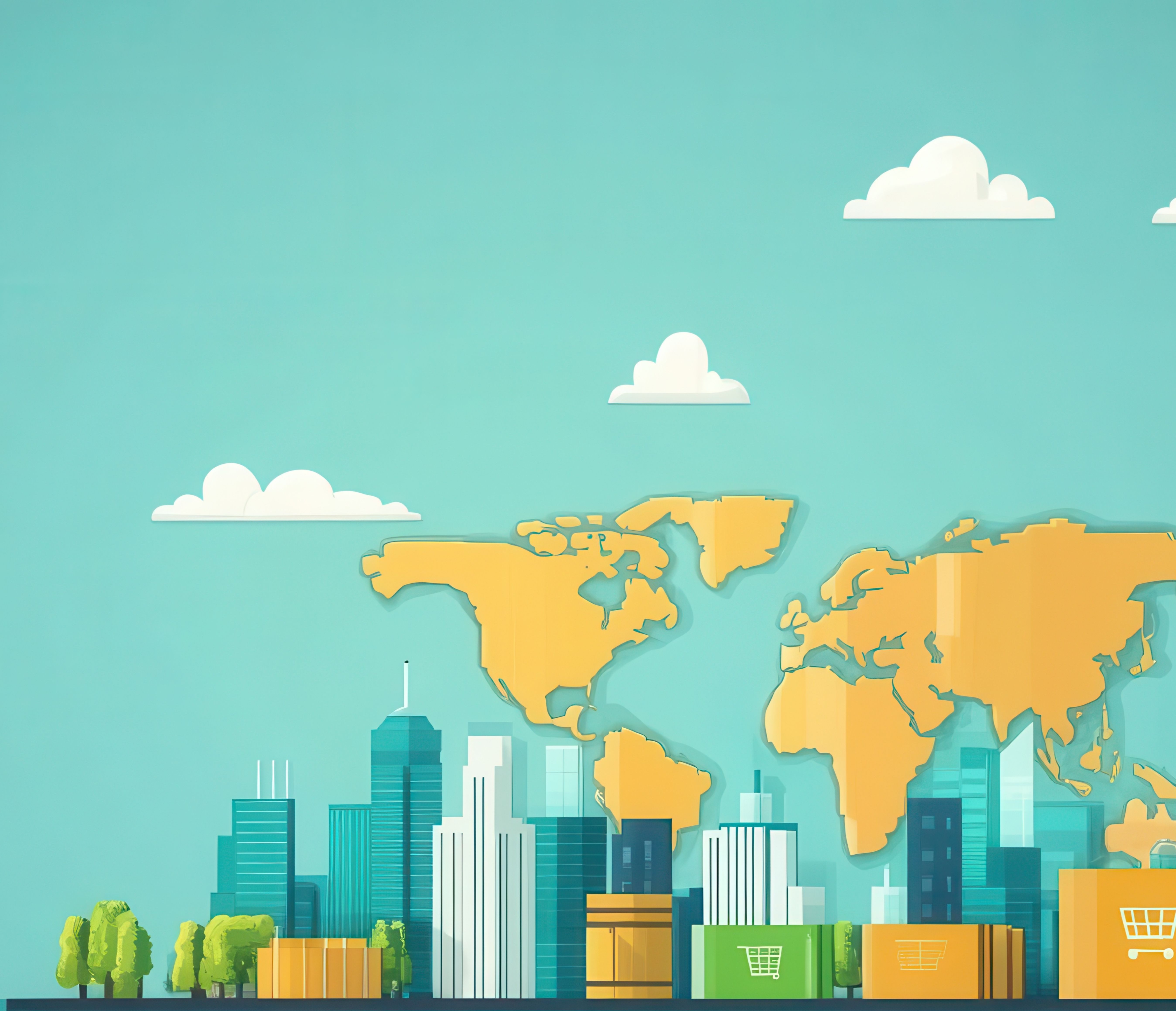 Illustration showing a city with a map of the world representing global supply chain risk management
